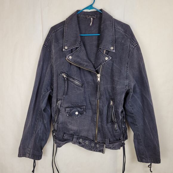 Free People black denim moto jacket Size Large Retro Biker Indie Grunge - Picture 3 of 13